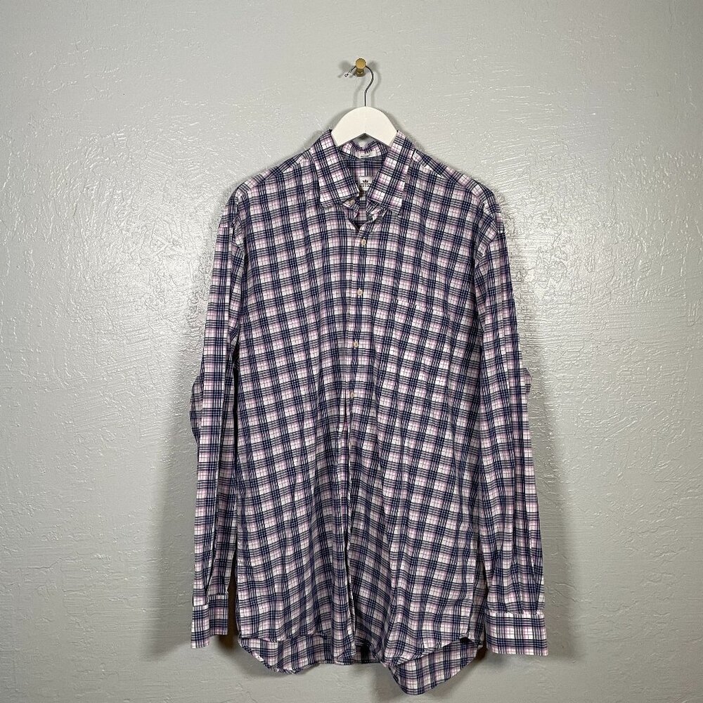 Peter Millar Men L Tall Blue White Pink Plaid Button Front Shirt Long Sleeve